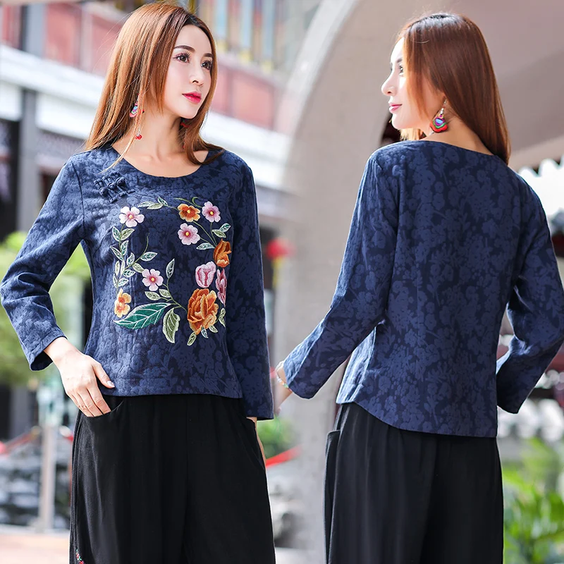 KYQIAO blusas mujer de moda Оригинальная блузка Женская Осенняя Мехико стиль длинный рукав синий красный вышивка рубашка Топы