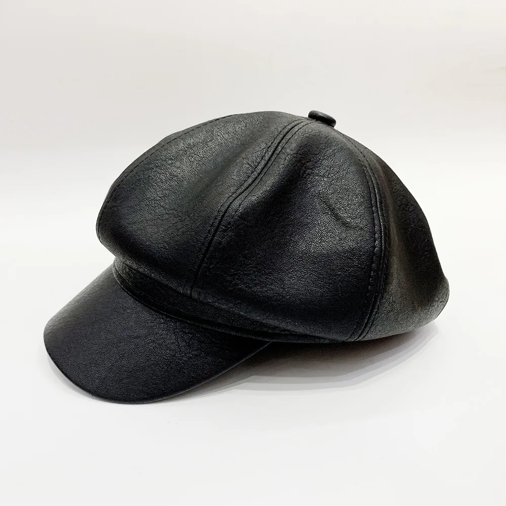 MZHAOANHE Hat,female autumn and winter newspaper hat,painter hat,duck tongue beret hat,PU leather octagonal hat