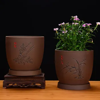 

Classical Purple Sand Flower Pot with Tray Creative Indoor Landscape Pottery Zisha Ceramic Pot Home Garden Decoration