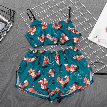 

Sexy Pijama Women Fox Nick Printed Silk Sleepwear Pyjamas V Neck Short Pijamas Mujer Nightgown Satins Frivolous Girl Pajama Set
