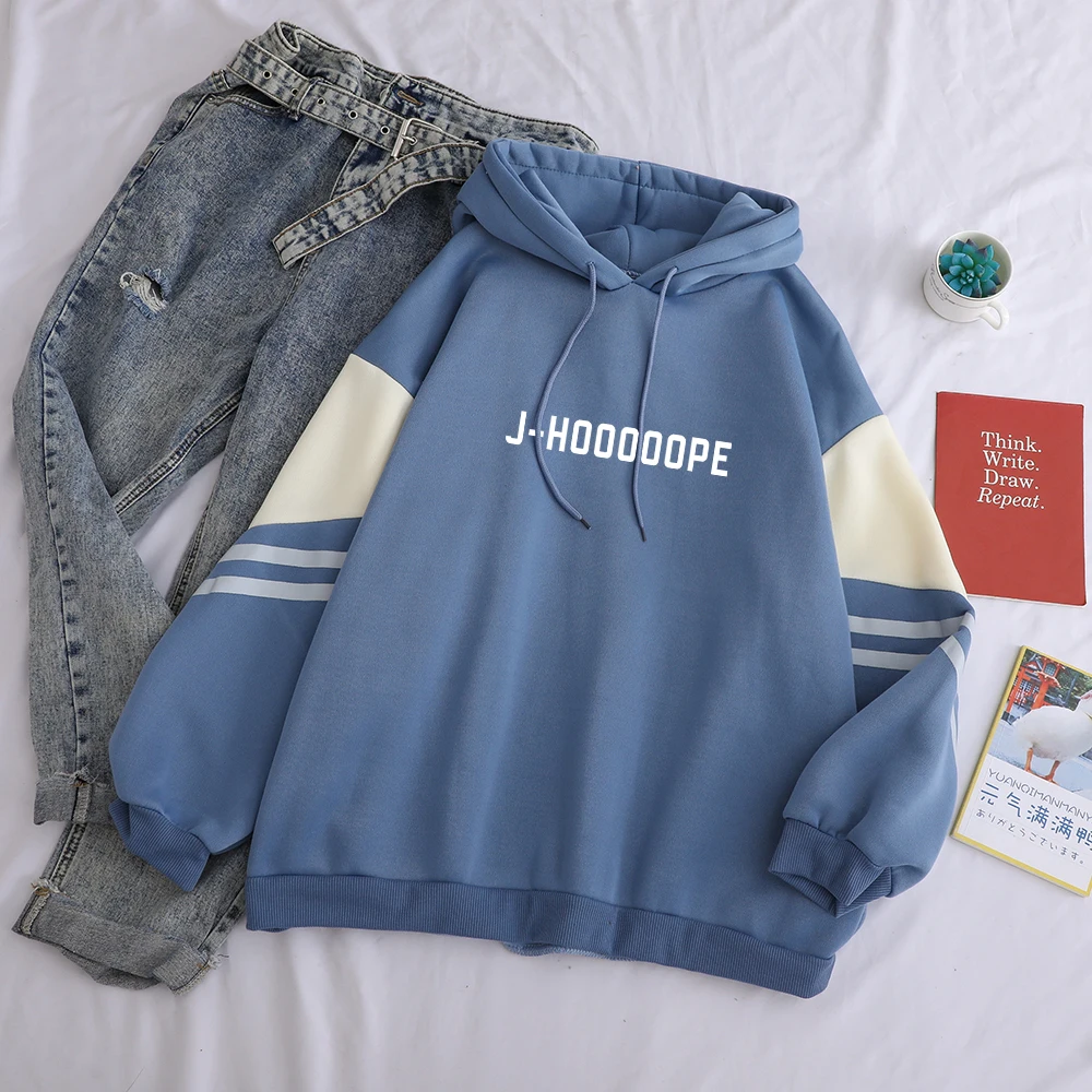 blue(bai) Bangtan мальчик Kpop толстовки повседневные с буквенным принтом J-HOOOOOPE для женщин зимняя флисовая толстовка с капюшоном хит цвет лоскутный пуловер - Цвет: blue(bai)