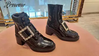 

Prowow New HIgh Quality Genuine Leather Round Toe Ankle Boots Crystal Buckle Strap Thick Heel Comfortable Boots