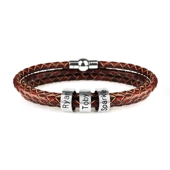 Personalized Mens Braided Genuine Leather Bracelet Stainless Steel Custom Beads Name Bracelet for Men with Family Names KZXL0418