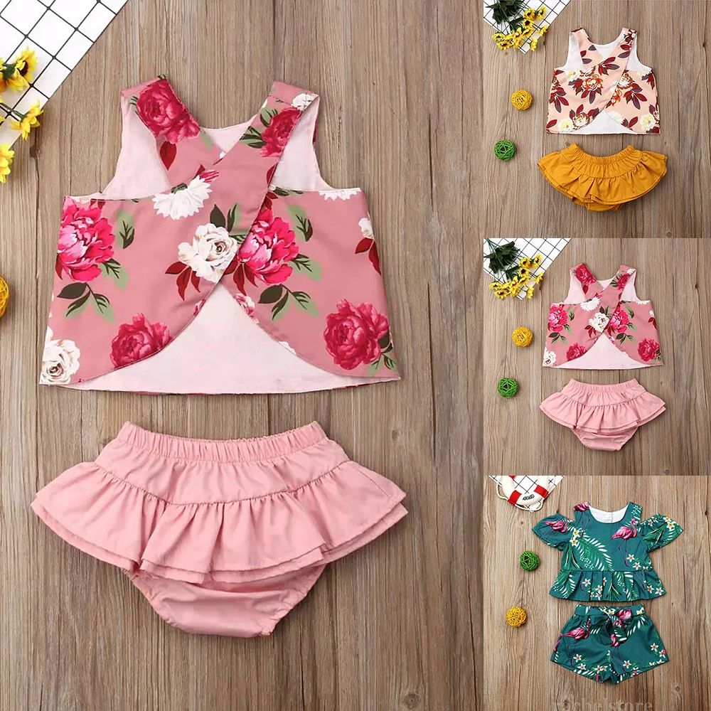 CYSINCOS 2pcs Cotton Baby Girls Clothing Set Toddler Kids Summer Clothes Floral Vest T Shirt Tops Shorts Outfits Children Set