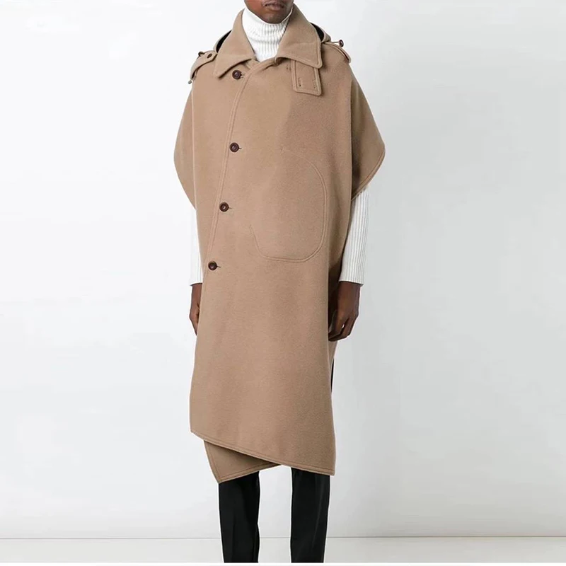 CAMEL S-4XL, ультра длинное зимнее мужское шерстяное пальто черного цвета и цвета хаки, шерстяное пальто, индивидуальная мода, с отворотом, без рукавов - Цвет: CAMEL