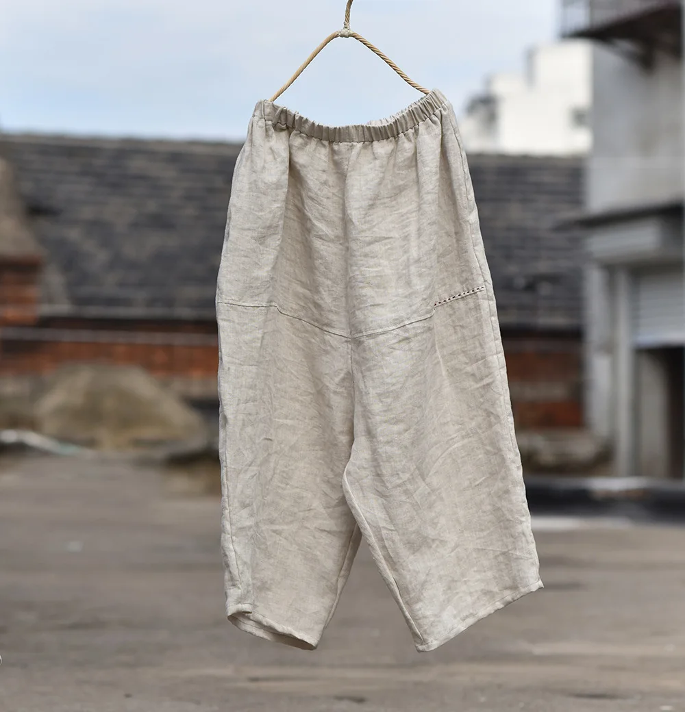 Women Loose elastic Waist ramie Wide Leg Pants Ladies 2022 Spring Summer Trousers female Embroidered Pants 6
