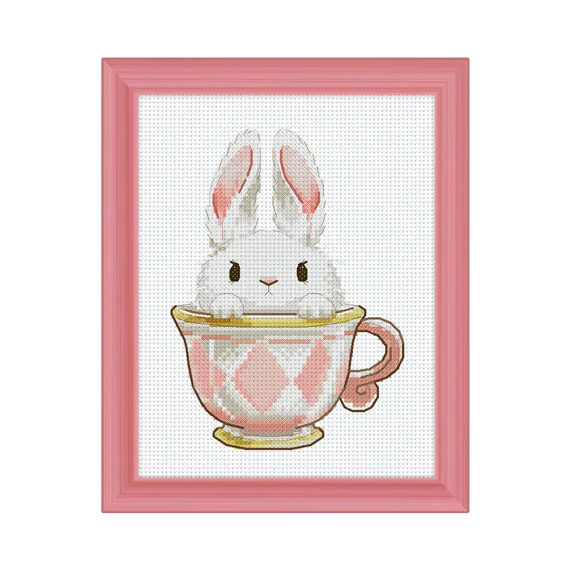 

Fishxx Printed on Canvas DMC Counted Chinese Cross Stitch Kits set Embroidery Needlework Kitchen Rabbit in the teacup
