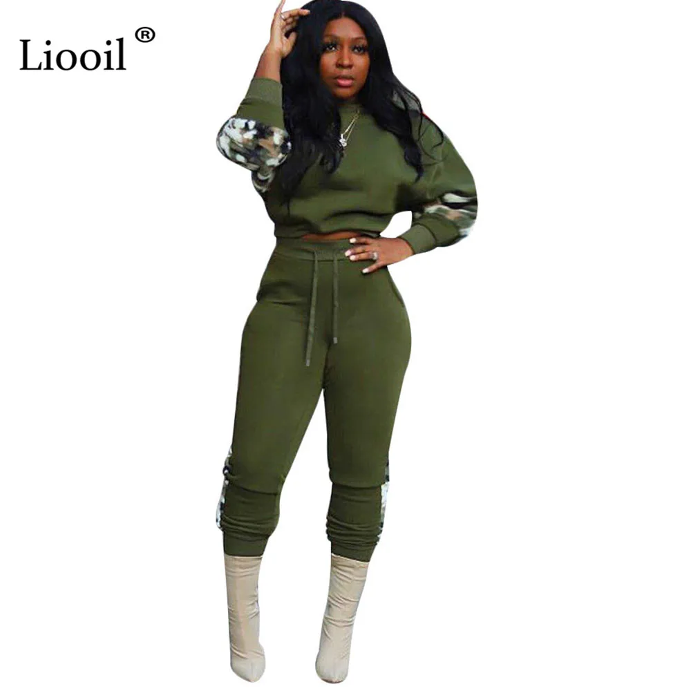 Зеленый Liooil/комплект из двух предметов с зеленым принтом, сексуальный топ и штаны, весна, уличная одежда с длинным рукавом и круглым вырезом, женский костюм для бега, подходящие комплекты - Цвет: Зеленый