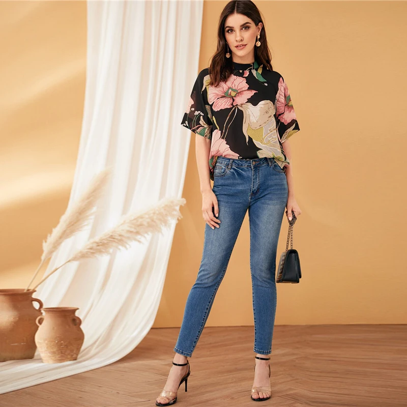 SHEIN многоцветная блуза с воротником-стойкой, с растительным принтом, Топ для женщин, летние повседневные рабочие топы и блузки с коротким рукавом