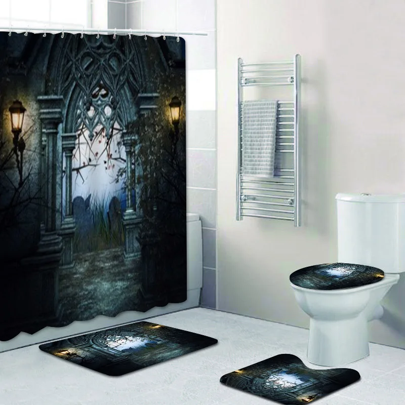 Halloween Gothic Graveyard Gate Bathroom Shower Curtain Set Waterproof Fabric