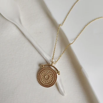 

925 Sterling Silver Jewelry Classical Pattern Round Coin Pendant Necklaces Gold Chain Necklace Fashion Women Luxury Jewelry Gift