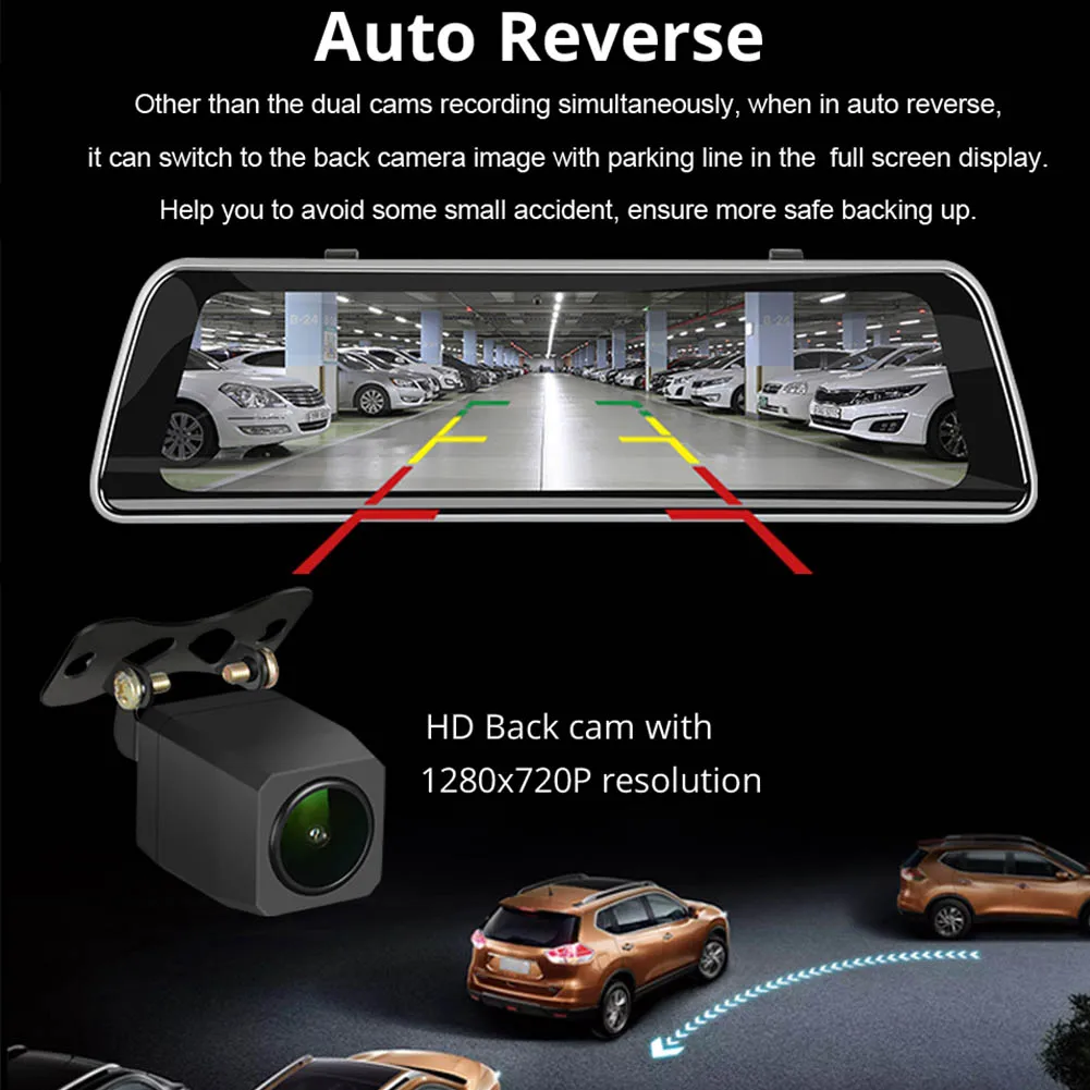 Reversing Car HD Touch Screen Recorder Front Rear G-sensor Dual Lens Dash Cam USB Wide Angle Loop Recording DVR 10 Inch