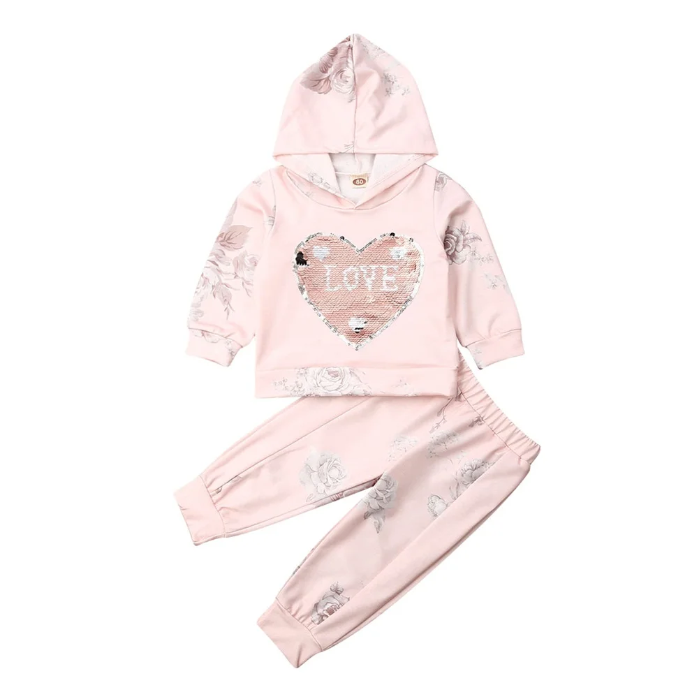 Emmababy, коллекция года, новые брендовые осенне-зимние комплекты одежды для маленьких девочек комплект из 2 предметов, толстовка с длинными рукавами и капюшоном в форме сердца Топы+ штаны - Цвет: Розовый