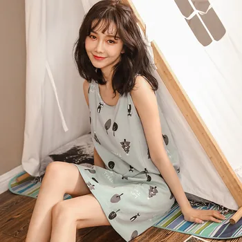 

100% Cotton Summer Women Nightdress for Women Cute Sexy Print Clothes for Women Round Neck Sexy Nightgowns Sleeveless Sleepwear