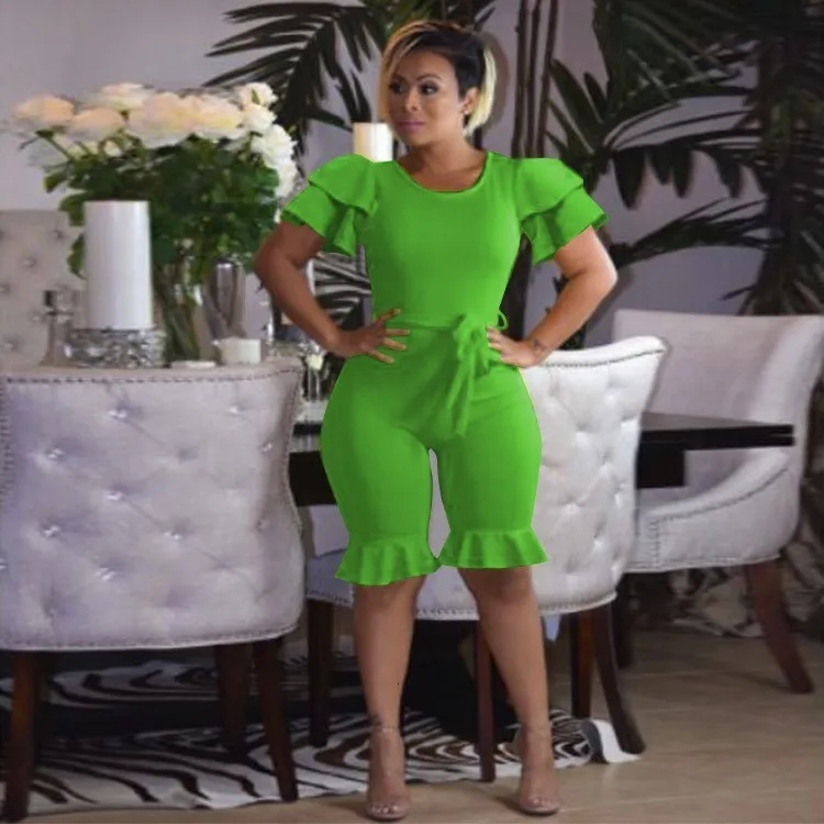 Women Bodycon Ruffle Jumpsuit Sexy O Neck Solid Sashes Shorts Romper Skinny Elastic Jumpsuit Overalls