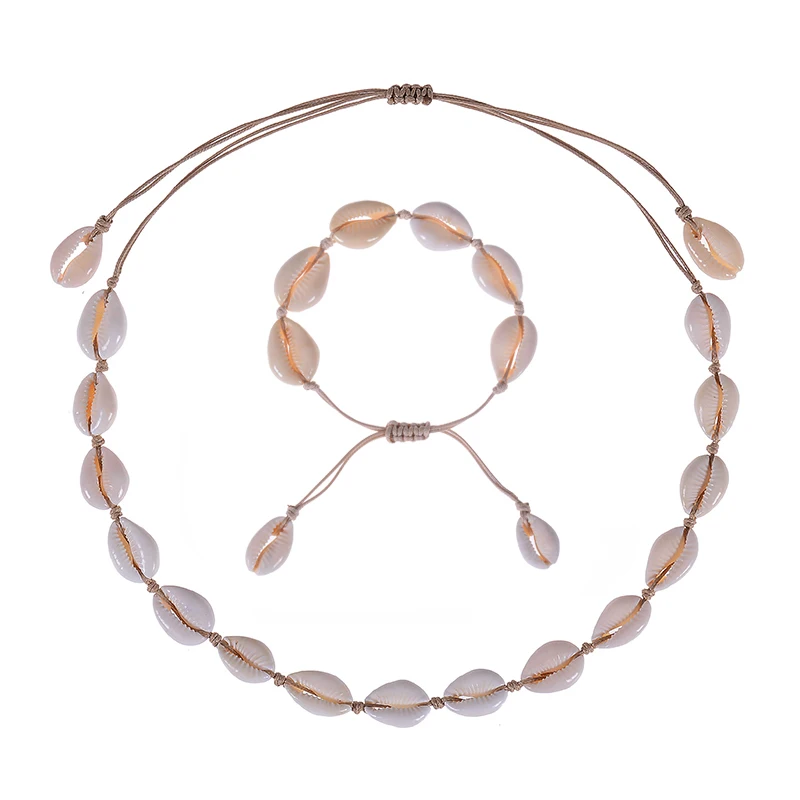 Натуральный корпус ожерелье и браслет набор для женщин ракушка регулируемое ожерелье-чокер Гавайский пляж Каури ожерелье из ракушек набор