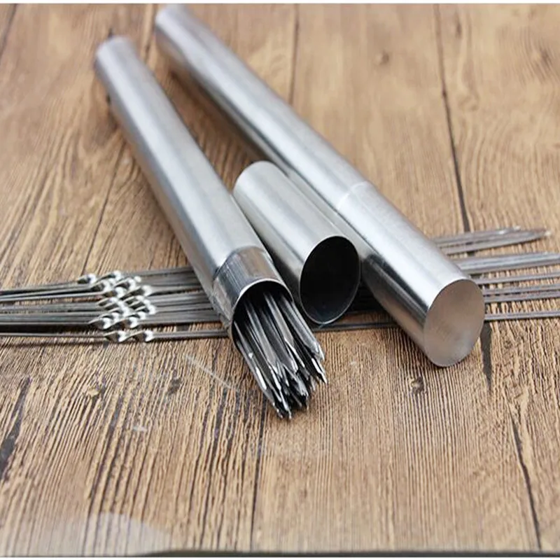 (50PCs) Stainless Steel Round Flat Barbecue Skewers BBQ Needle Grill BBQ Sticks with Tube