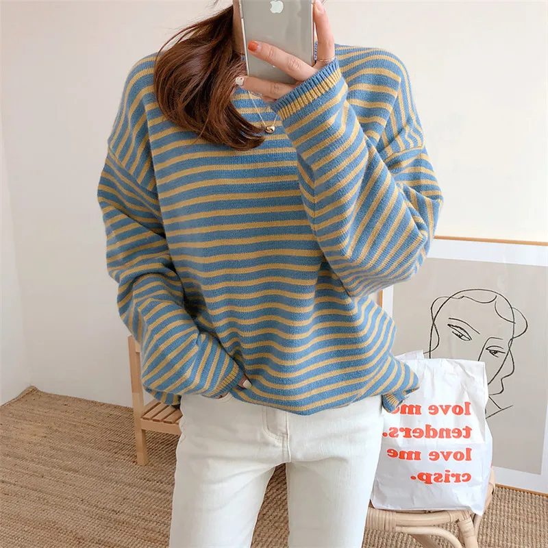 RUGOD korean chic new autumn sweater pullovers women o neck stripe pattern loose knitted sweater fashion female casual warm top