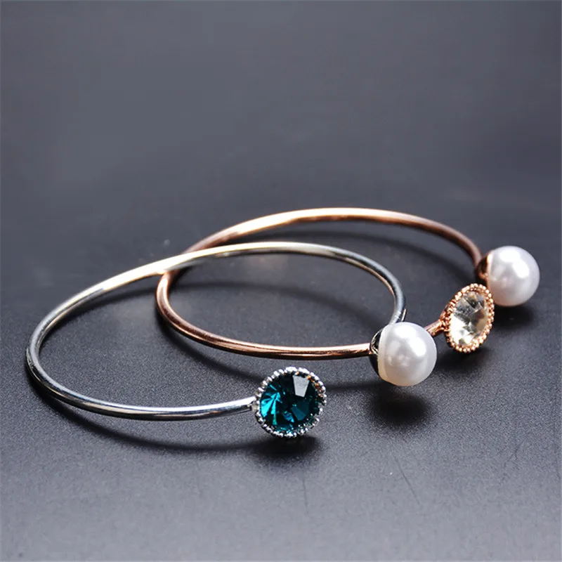 Sangsy Свадебные украшения Rosegold/посеребренные Открытые Браслеты простые имитация жемчуга бусины горный хрусталь регулируемые браслеты для