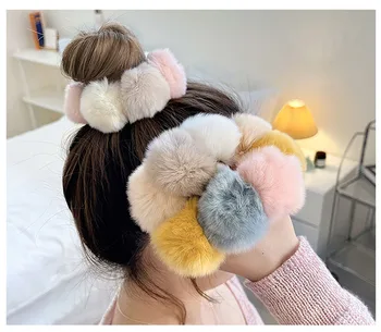 Candy Color Imitation Rabbit Fur Pompoms Elastic Hair Rubber Band Scrunchie Women Plush Hair Rope Autumn Winter Hair Accessories 1