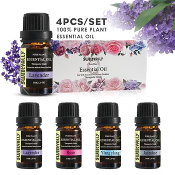 

Sweetvally 4Pcs/set Pure Essential Oils 10ML Rose Jasmine Lavender Ylang Ylang Massage Humidifier Oil Essential Women Gfit