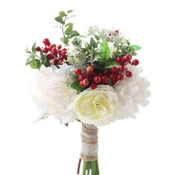 

Romantic Wedding Bridal Bouquet Real Touch Artificial White Peony Red Berries Holding Flowers Table Party Decoration