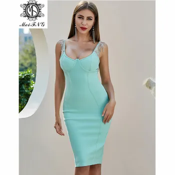

Heavy Craft Brand Women's Mint Green Mid-length Bandage Dance Skirt Rhinestone Pendant Dress