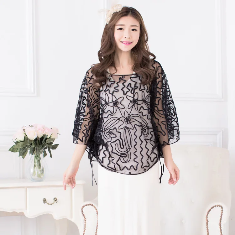 Summer Casual Loose Women Batwing Sleeve Ribbon Cord Embroidery Lace Poncho Vintage Sheer Femme Cloak Jacket Coat