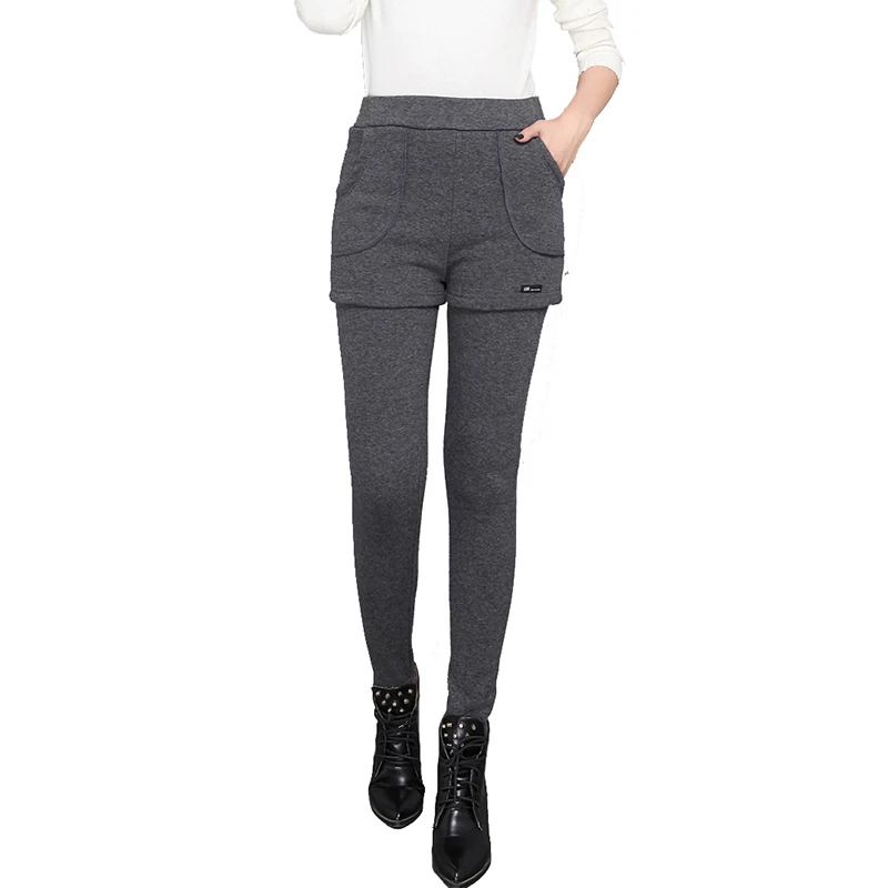 Серый Oladivi Plus Size Women Faux Two Piecs Stretch Velvet Pencil Pants Winter Warm Basic Trousers Skinny Fitness Leggings Caprics - Цвет: Серый