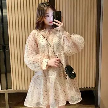 

2020 New Woman Spring Mesh Dress Polka Dot Pattern Beige Chiffon Layered Dresses Women Bowknot Collar Design One Piece Robe Lady
