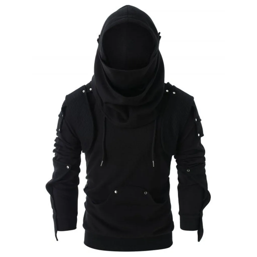 Mens Hooded Sweatshirt Vintage Mask Elbow Button Pullover Long Sleeve Sweatshirts Winter Tops Outerwear