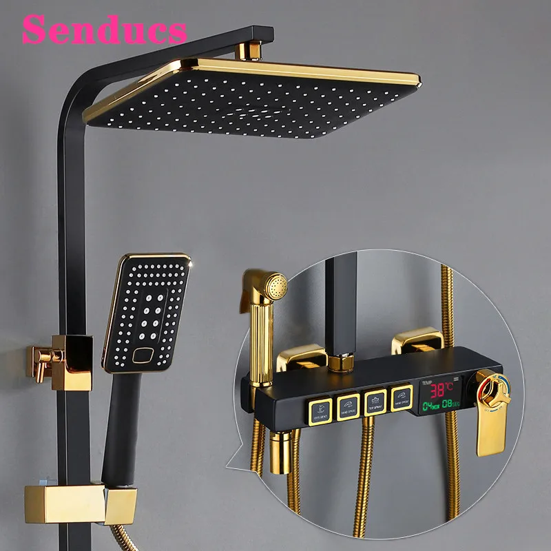 

Digital Shower Set for Four Function Gold Thermostatic Shower System Rainfall Shower Head Copper Bath Faucet Digital Shower Sets