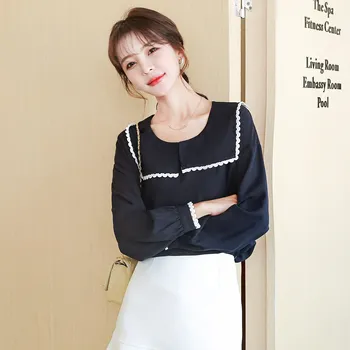 

COIGARSAM Preppy Style blouse women New Spring Vintage Full Sleeve Chiffon Loose blusas womens tops and blouses Navy Blue 5106