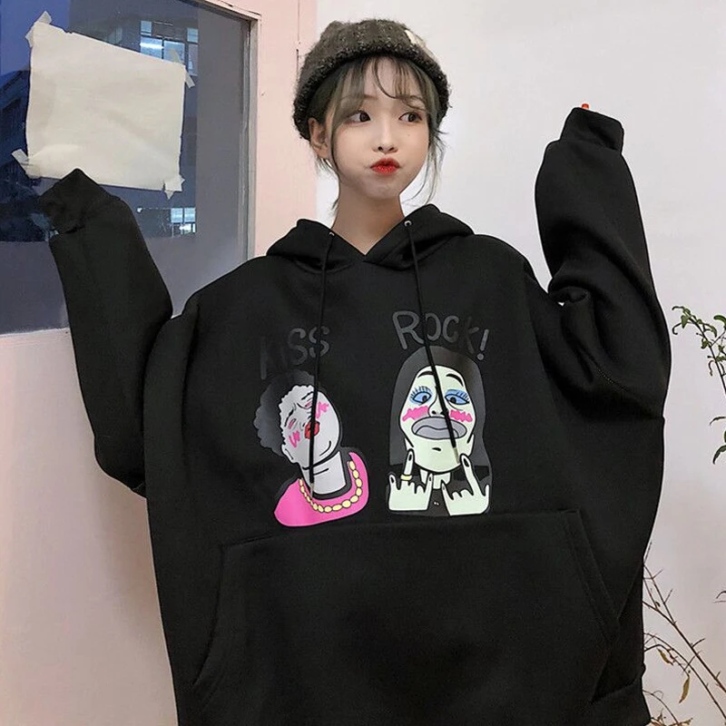 Новинка, модная женская толстовка, осенняя одежда, корейский Ulzzang Harajuku, Мультяшные Свободные толстовки, ходи, женские бархатные толстовки с капюшоном