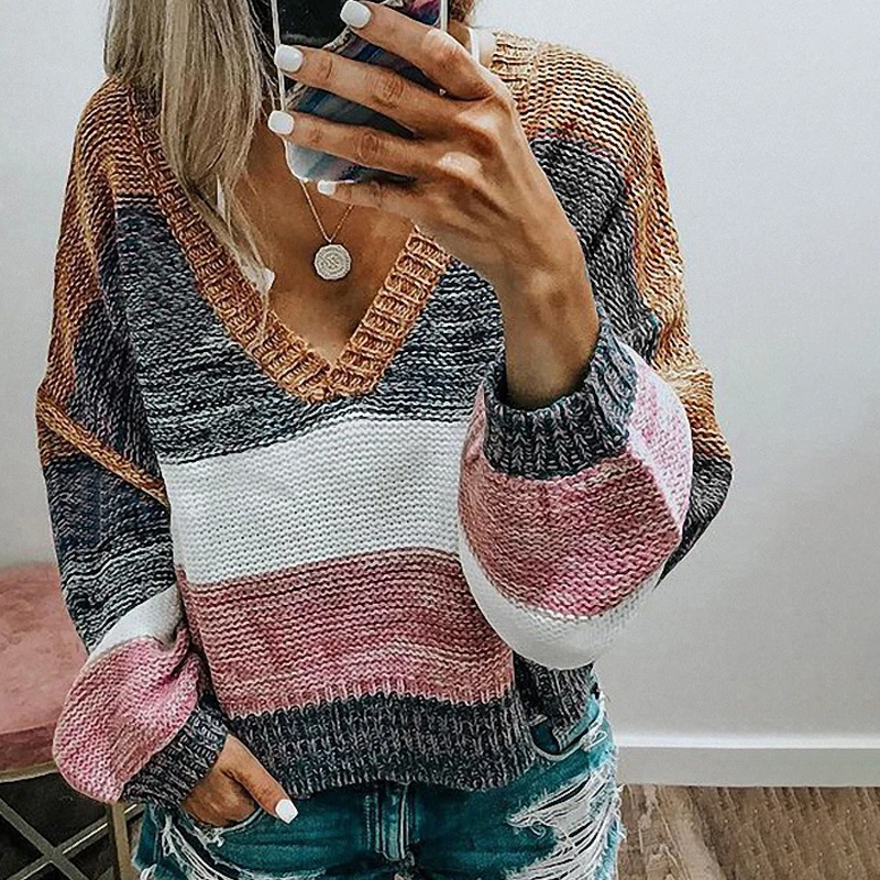 2020 Autumn/Winter New Stripe European And American Casual Loose V Neck Warm Long Sleeve Knit Sweater Women Work Office Wear