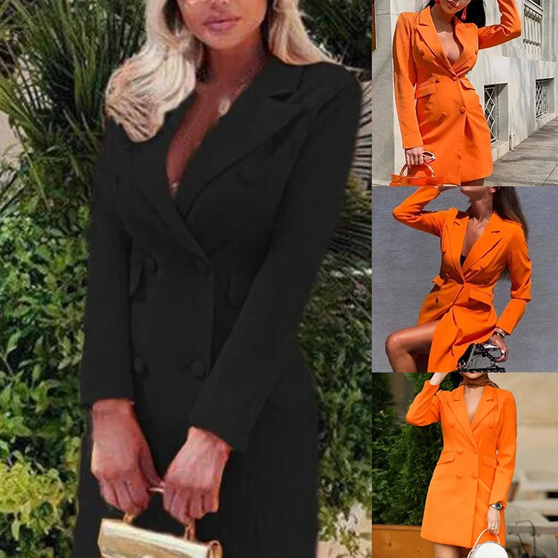 Women Elegant Suit Coat Long Sleeve Double Breasted V Neck Formal Dresses Fall Winter XIN-Shipping