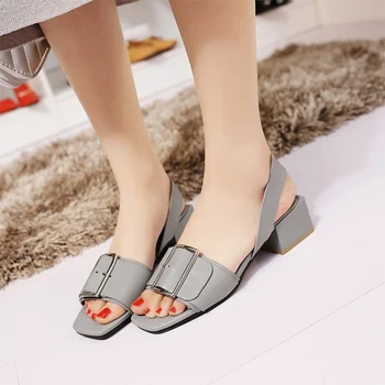 

Summer Woman Sandals Women Square Heels Shoes Ladies Buckle Design Elegant Female Open Toe Women's Soft Leather Casual Plus Size
