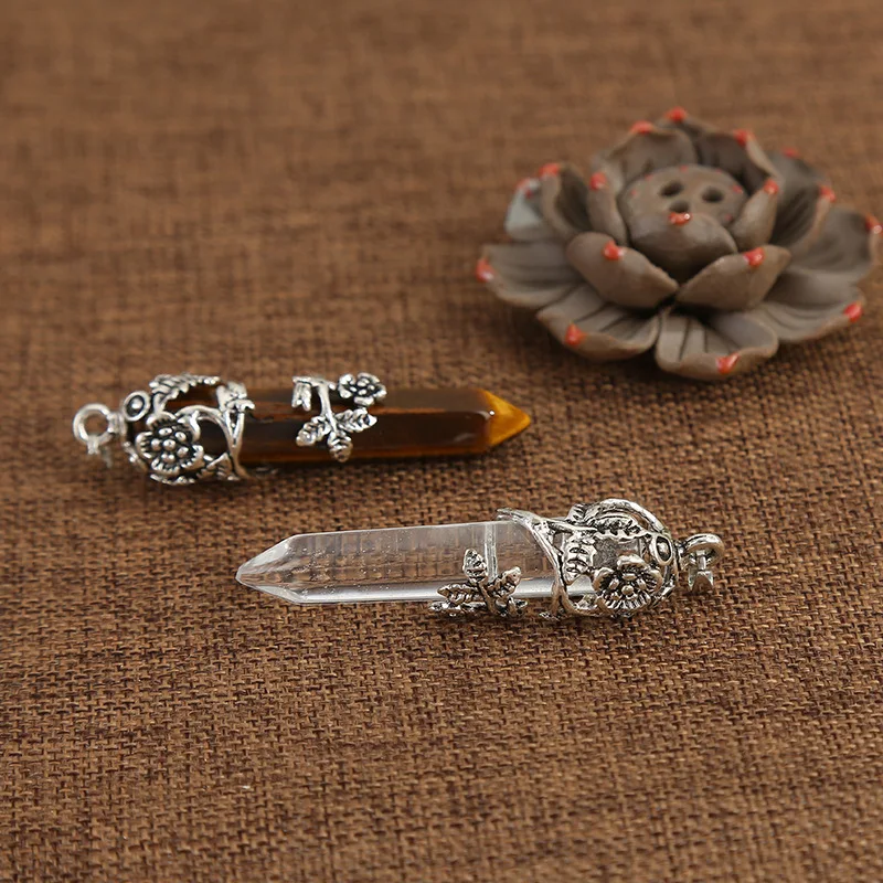 Natural Stone Hexagon Prism Tiger Eye Amethyst Pink Crystal Opal Flower Pendants Charms Necklace Jewelry Making