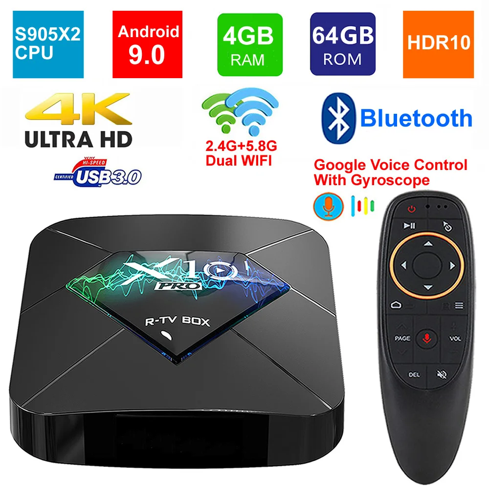  X10 PRO Android 9.0 Smart TV BOX Amlogic S905X2 Quad Core 4GB RAM 64GB ROM BT4.0 USB 3.0 2.4G/5G Du
