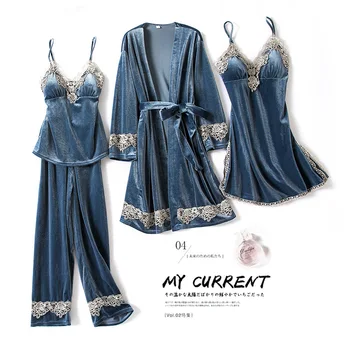 

4PCS Velour Sleepwear Autumn New Velvet Kimono Robe Gown Intimate Lingerie Lace Bride Bridesmaid WEDDING Dressing Set Nightwear