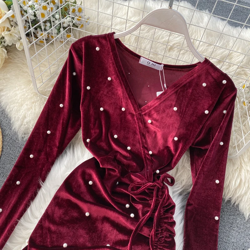 ALPHALMODA сезон весна; Новинка; в стиле ретро; Вельветовое платье с v-образным вырезом с длинным рукавом t-рубашка кофта шнурок нерегулярные рыбий хвост платье с оборкой
