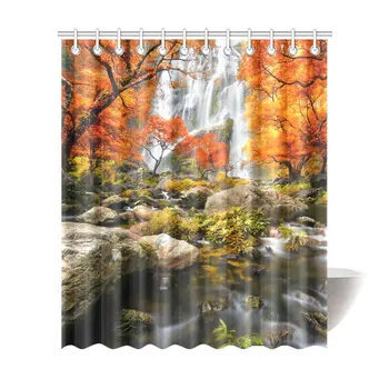 

Autumn Landscape Beautiful Waterfall in Forest Waterproof Shower Curtain Decor Fabric Bathroom Set with Hooks, 72(Wide) x