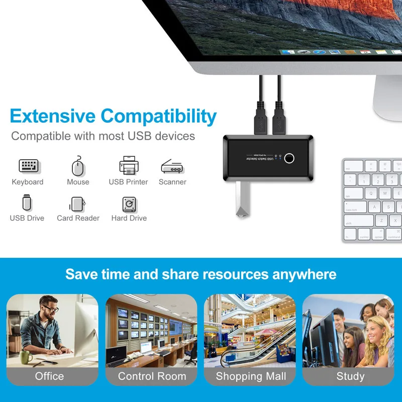  USB Switch Selector 2 Computers Sharing 4 USB 3.0 for Mouse Keyboard Scanner Printer
