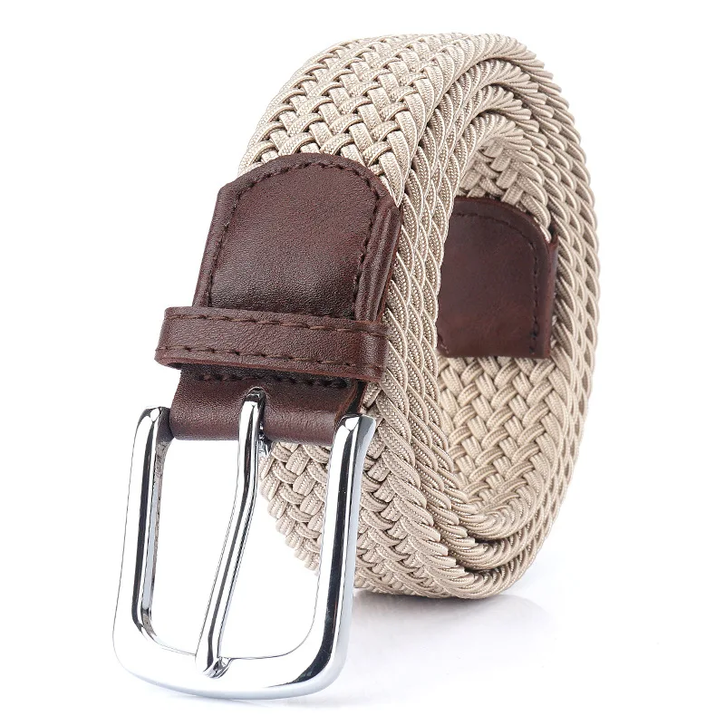 Khaki Elastic Braided Belt Women Casual Pin Buckle Belts Men High Quality Multiple Sizes Not Need Punch Easy Wear Fashion Luxury - Color: Khaki