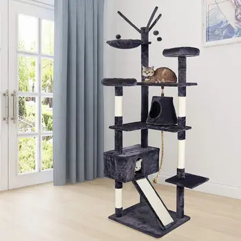 

Cat Tree Large Palace Cat Climbing Frame Scratching Board Post Cat Toy Slide Crib Swing Large Niches Height 210cm (Gray) C05