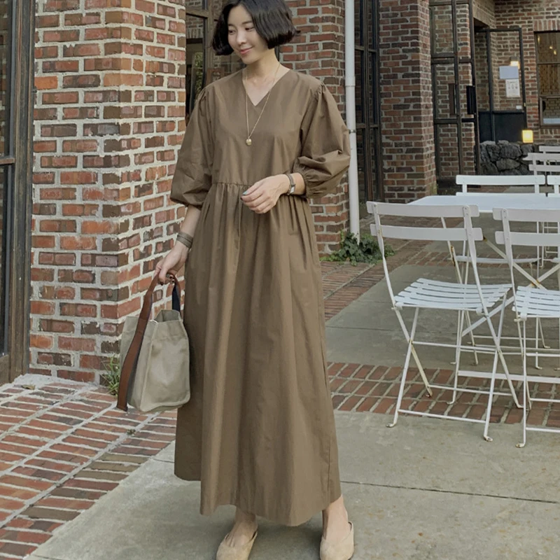 

Johnature New Korean V-neck Solid Color Loose Women Dresses 2023 Autumn Casual Simple Three Quarter Sleeve Female Dress