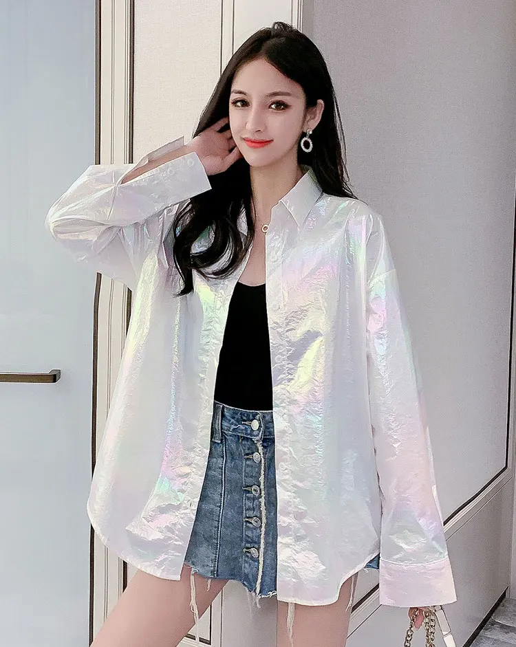 Cena Nowość! Przezroczysta laserowa symfonia przeciwsłoneczna kieszeń Jersey kurtka przezroczysta kurtka opalizująca tęcza Hologram koszula bluzka płaszcz