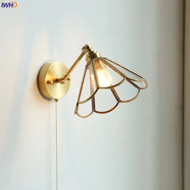 

IWHD Nordic Copper Glass LED Wall Light Fixtures Pull Chain Switch Bedroom Mirror Stair Beside Lamp Modern Wall Sconce Wandlamp