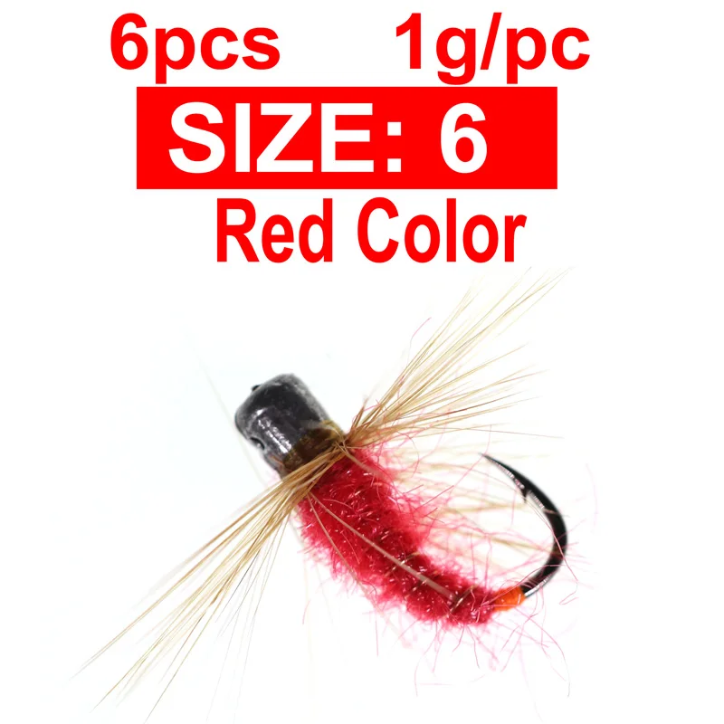 6PCS Size6 Red Bimoo 6 шт./лот#6-#12 ледяная приманка для ловли нахлыстом для зимы Panfish большие голубики и форель быстро тонущие Багги черви джиггинг муха - Цвет: 6PCS Size6 Red