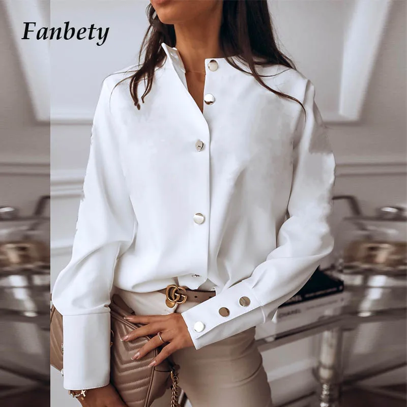 

2020 Office Ladies Metal Button Basic Shirts blouse Women Autumn Long Sleeve Tops Elegant Casual o neck Solid color blusa Mujer